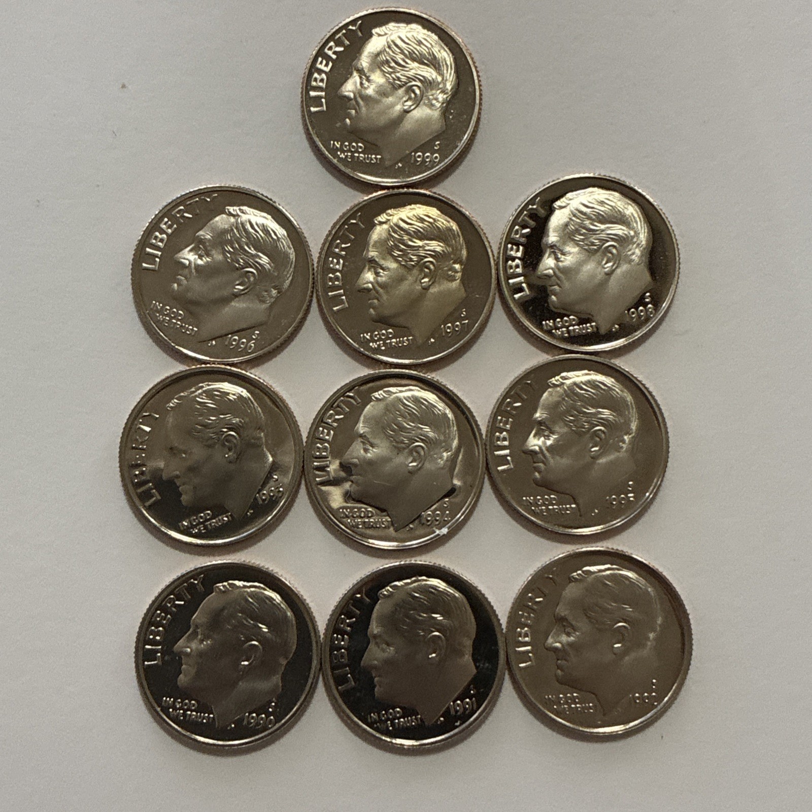 1990-1999 S PROOF ROOSEVELT DIME RUN - 10 COINS - DIRECTLY FROM PROOF SETS