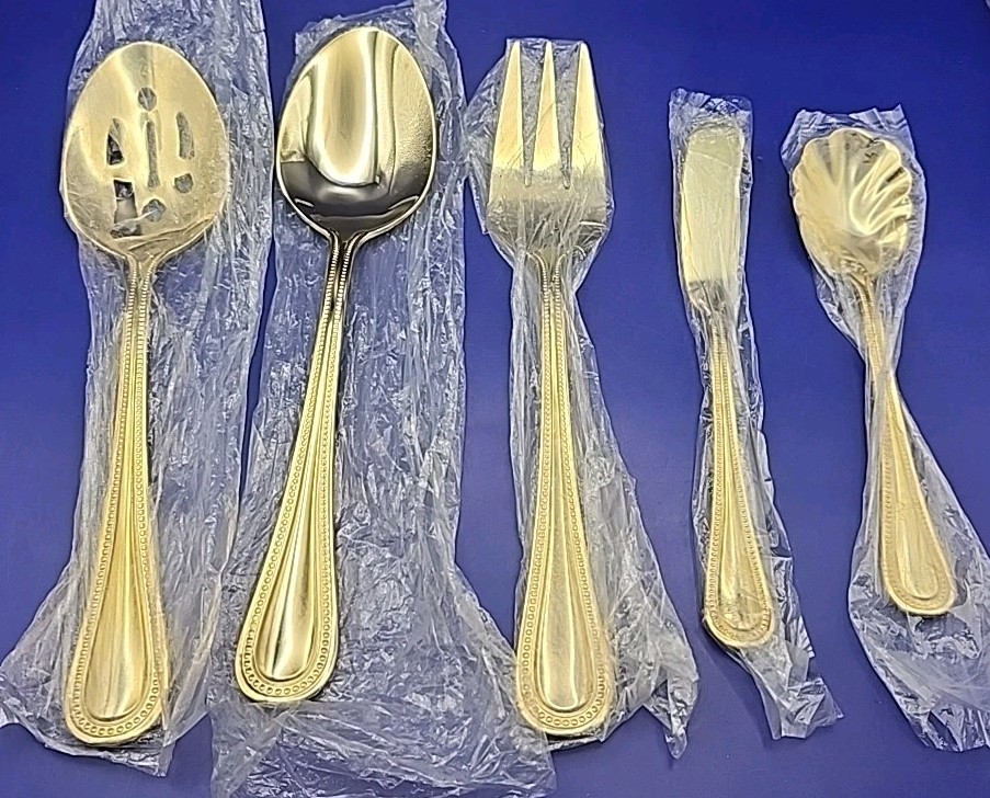 St. James Gold Stainless Serving Pieces Set Of 5  Beaded Pattern NEW 18/10