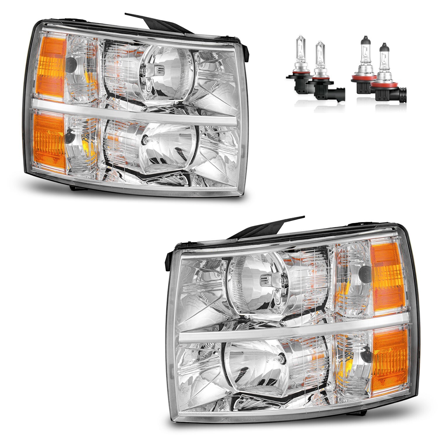 Pair Chrome Headlights For 2007-2013 Chevy Silverado 1500 2500HD W/Bulbs LH & RH