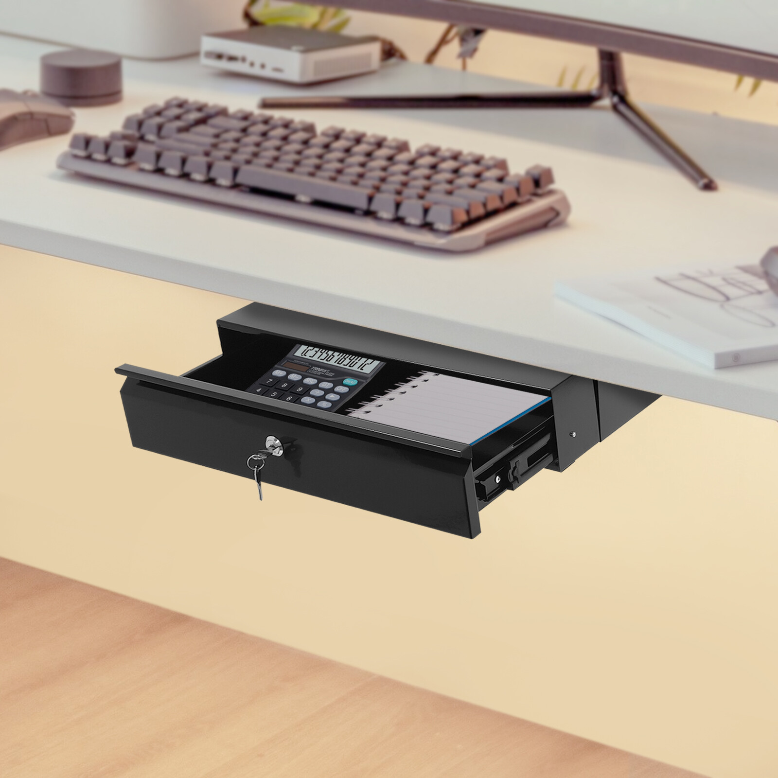 Under-Desk Slide-Out Lockable Drawer Black 45 × 31 × 9.9 cm