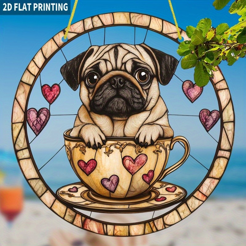 Lovely Pug in Teacup Acrylic Suncatcher Puppy Window Hanging Decoration Gift