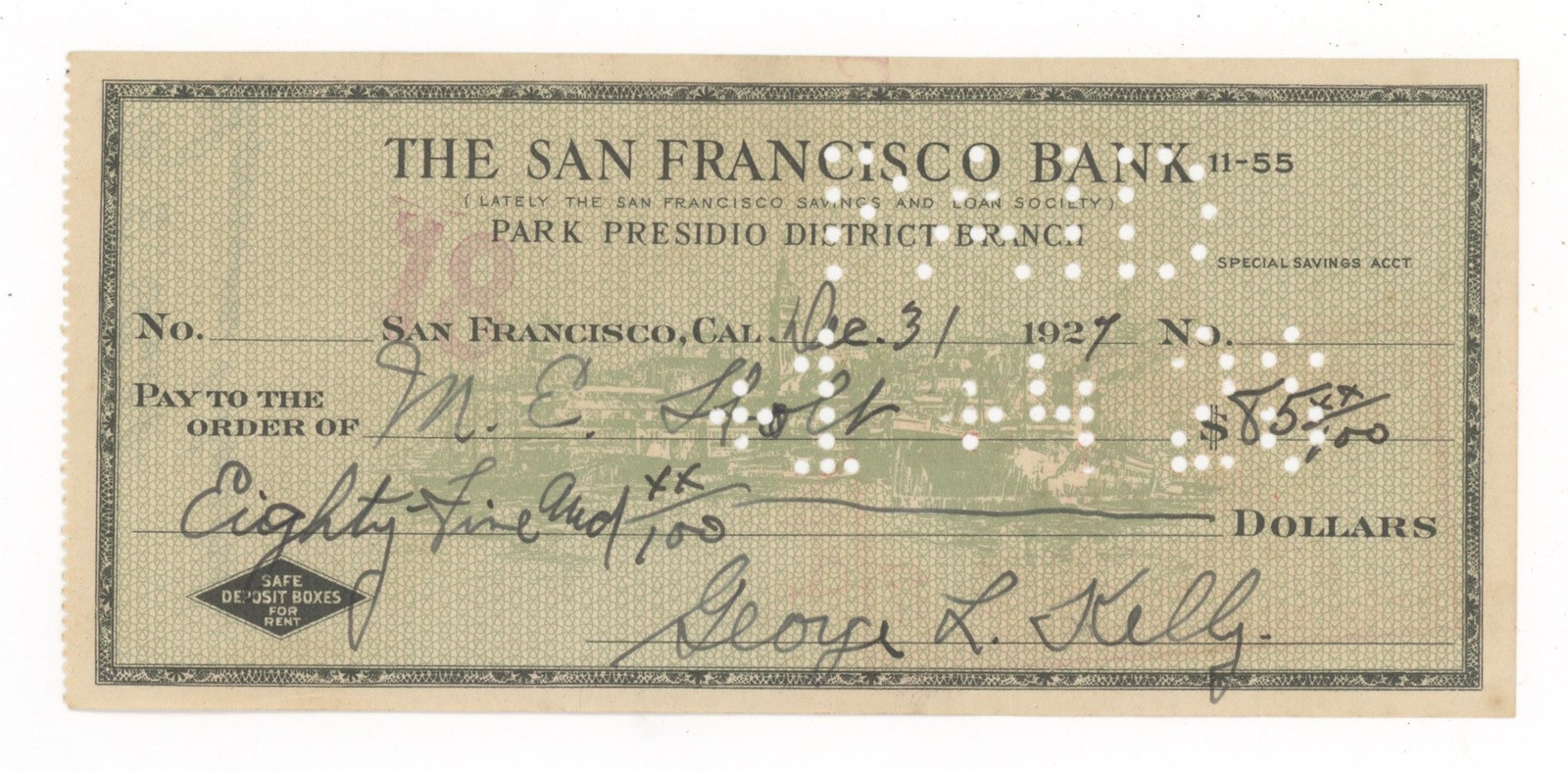1927 George L. Kelly NY Giants / Pitt. Pirates MLB HOFer Signed Personal Check