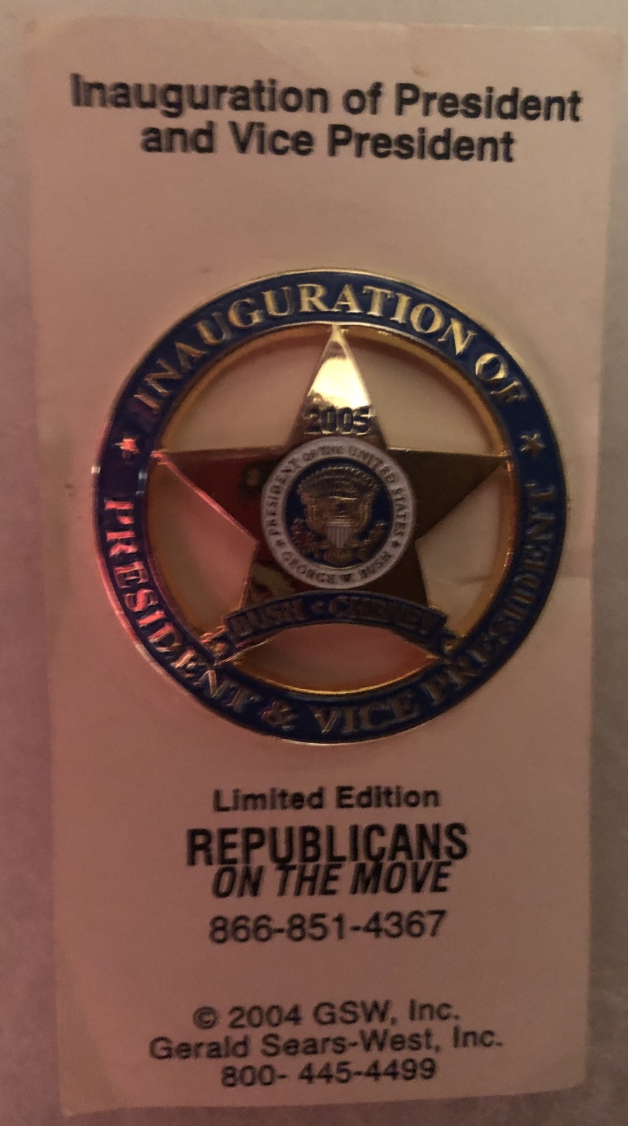 Bush Cheney Inauguration 2005 On Original Card  1 1/2” pinback pin