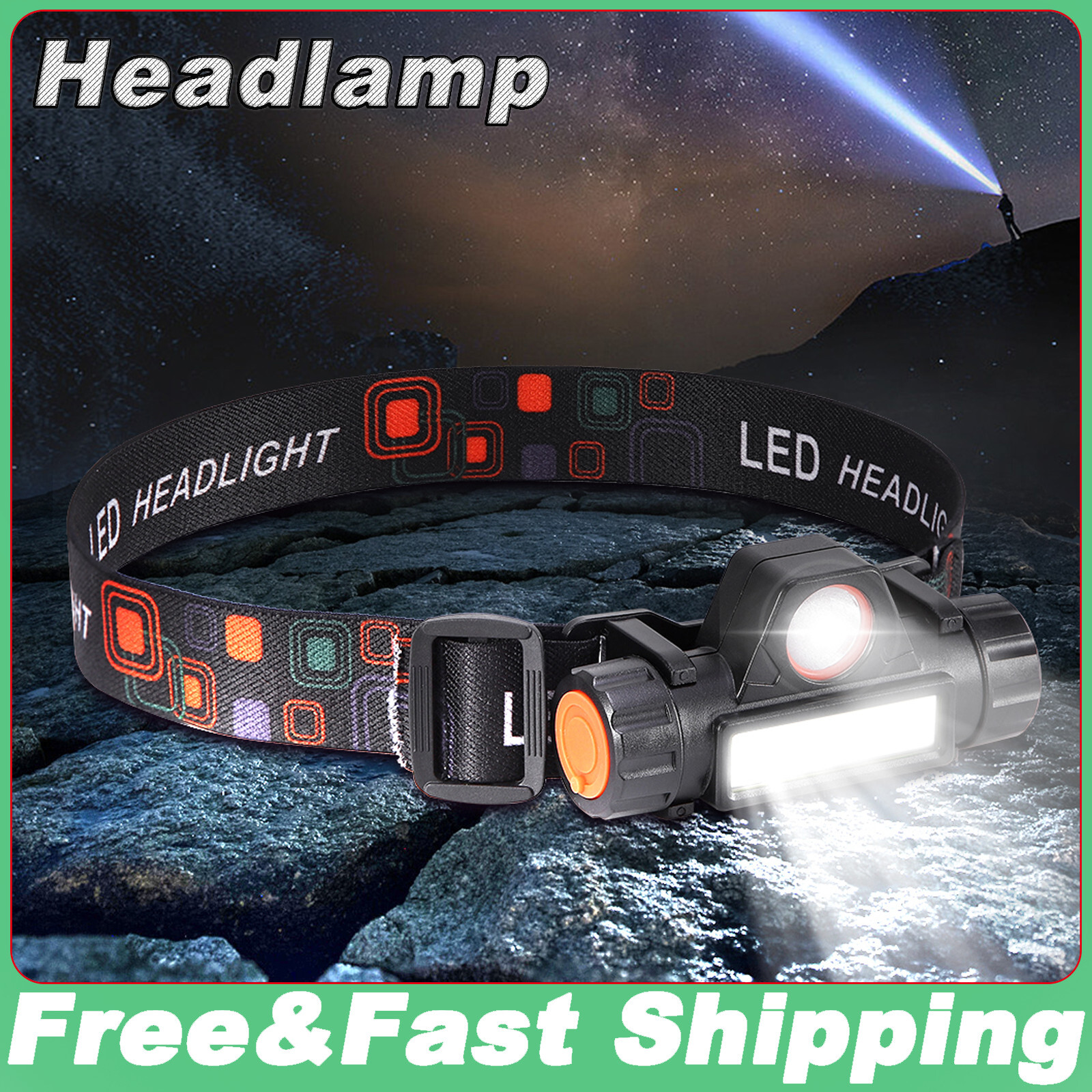 USB Rechargeable LED Headlamp with Adjustable Headband - Waterproof Torch Light