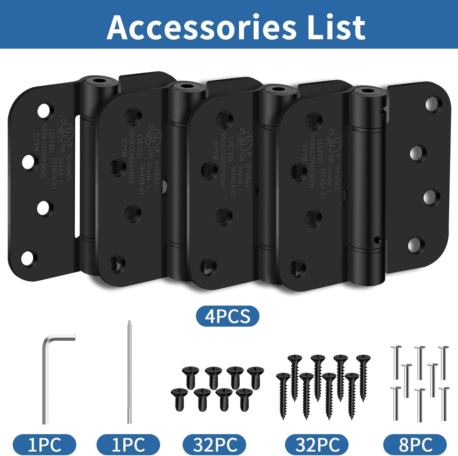4 Pack 4 Inch Self-Closing Door Hinges with 5/8" Radius Corners (Spring Loaded)