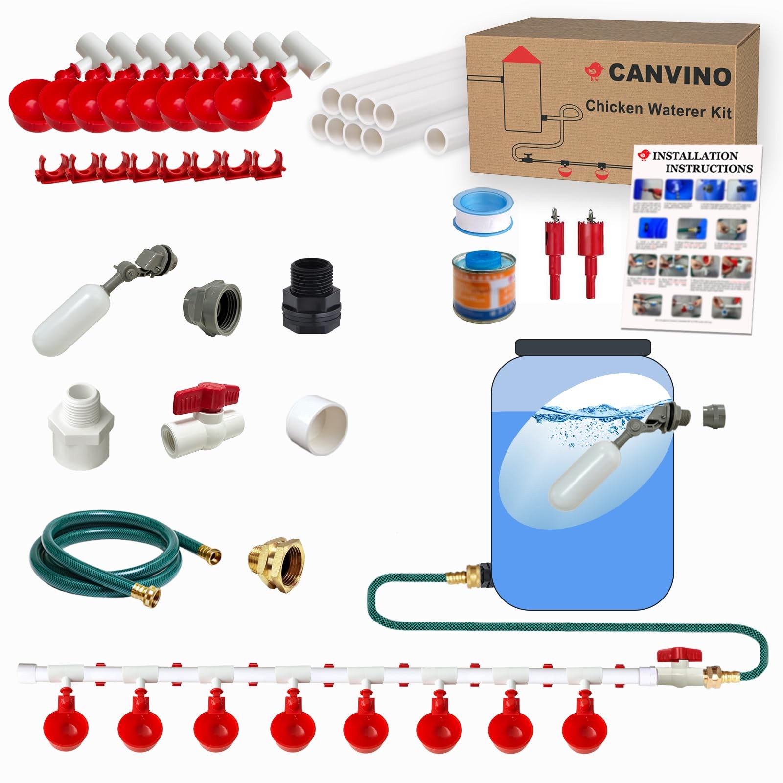 Automatic Chicken Waterer System, Complete PVC Pipeline Watering Kit
