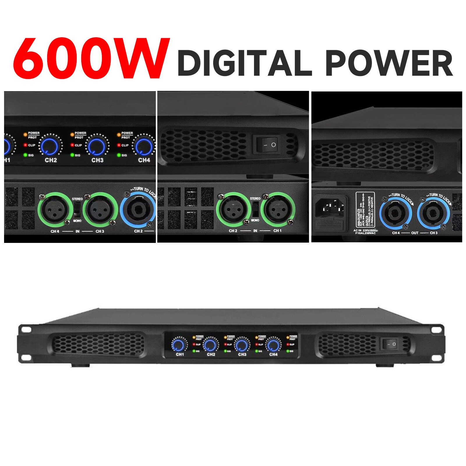 High-Tech 5200W 4-Channel Class D Digital Power Amplifier 5200-Watts PEAK Output