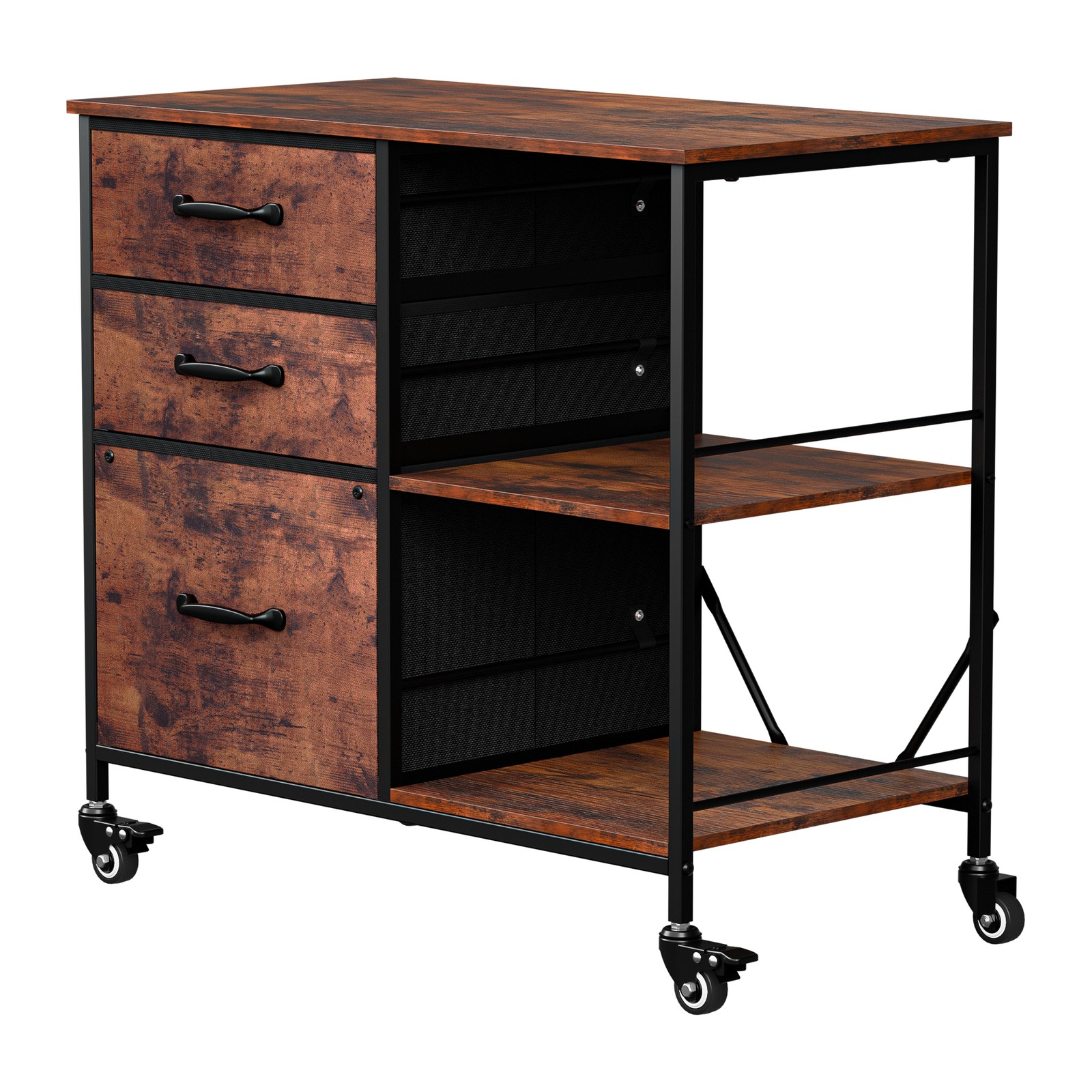 3 Drawer Mobile File Cabinet Rolling Printer Stand w/ Storage Shelf Rustic Brown