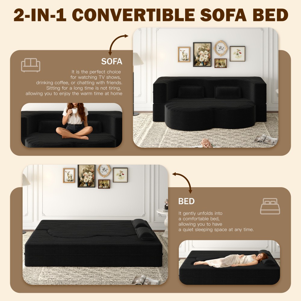 Corduroy Twin Floor Sofa Bed w/ 2 Pillows, Foldable Sleeper Couch, Black