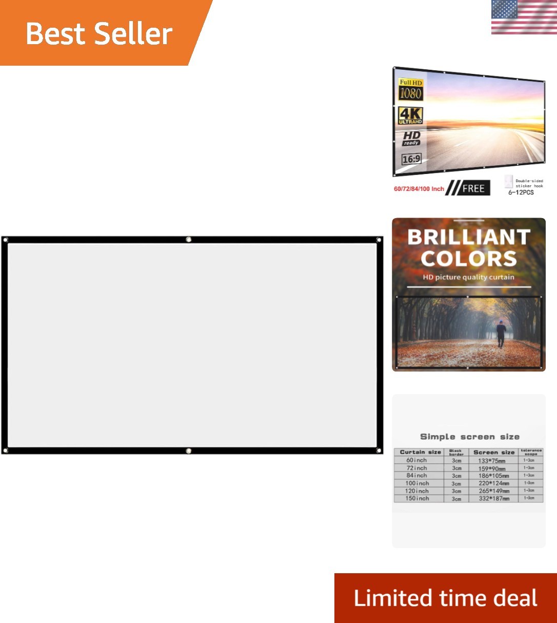 Durable Spandex Projection Screen - Wall-Mount for Indoor & Outdoor Use 60"-150"