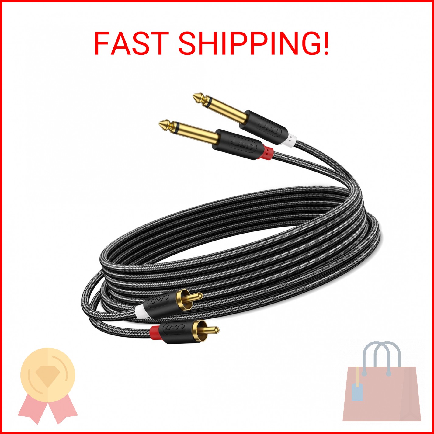 J&D Gold Plated Dual 1/4" TS to RCA Cable - Stereo Audio Interconnect with Nylon