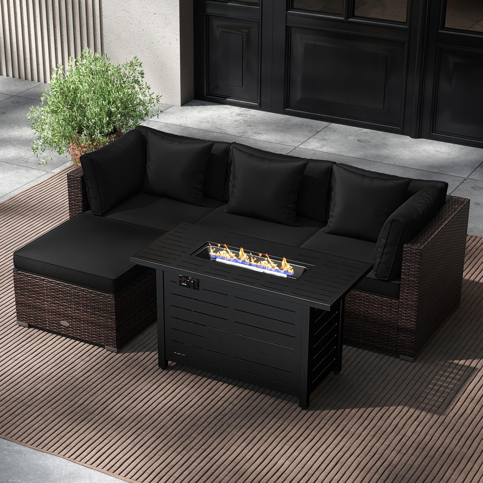 5 PCS Patio Furniture Set Heavy-duty Frame Rattan Sofa Set w/ 60,000 BTU
