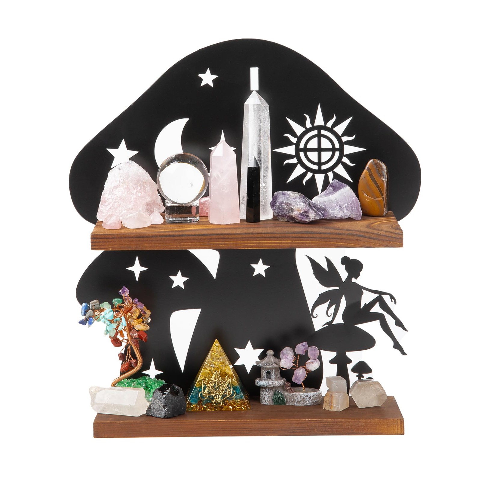Wooden Mushroom Shelf with Iron Backing - Rustic Wall Decor for Crystals, Oil...