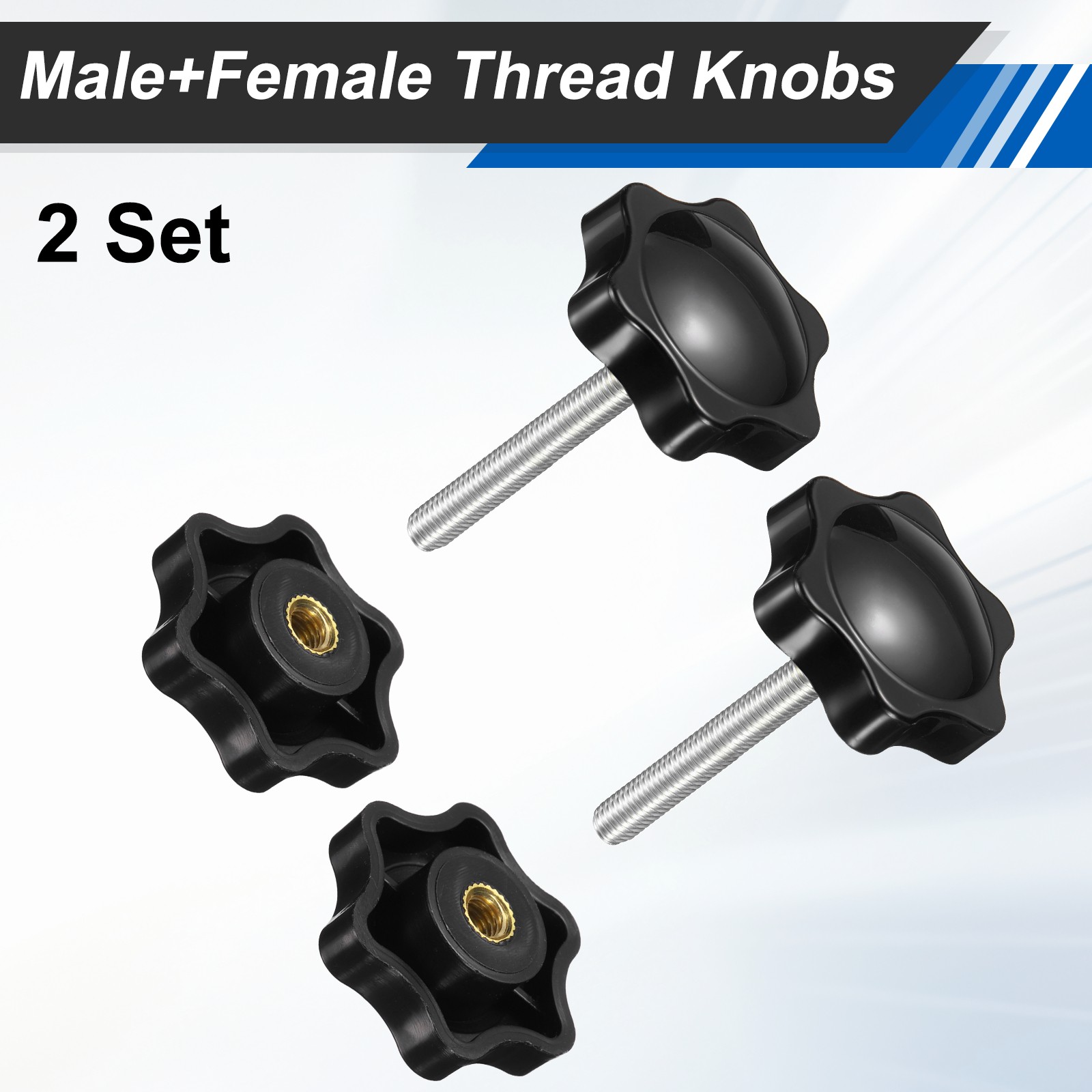 2 Set Star Knobs M5 x 50mm Male + M5 Female Thread 32mm Head Handles, Black