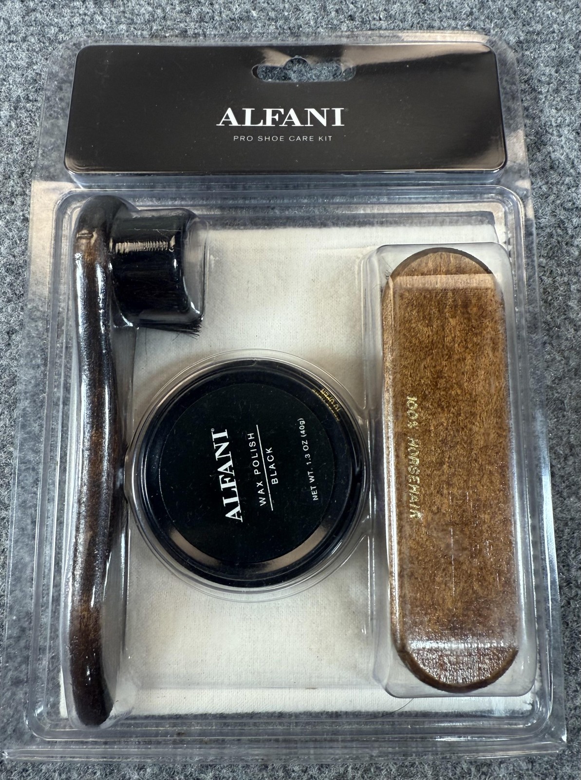 Alfani Pro Shoe Care Kit Black Wax Polish 1.3oz Brush Dauber 100% Horsehair New