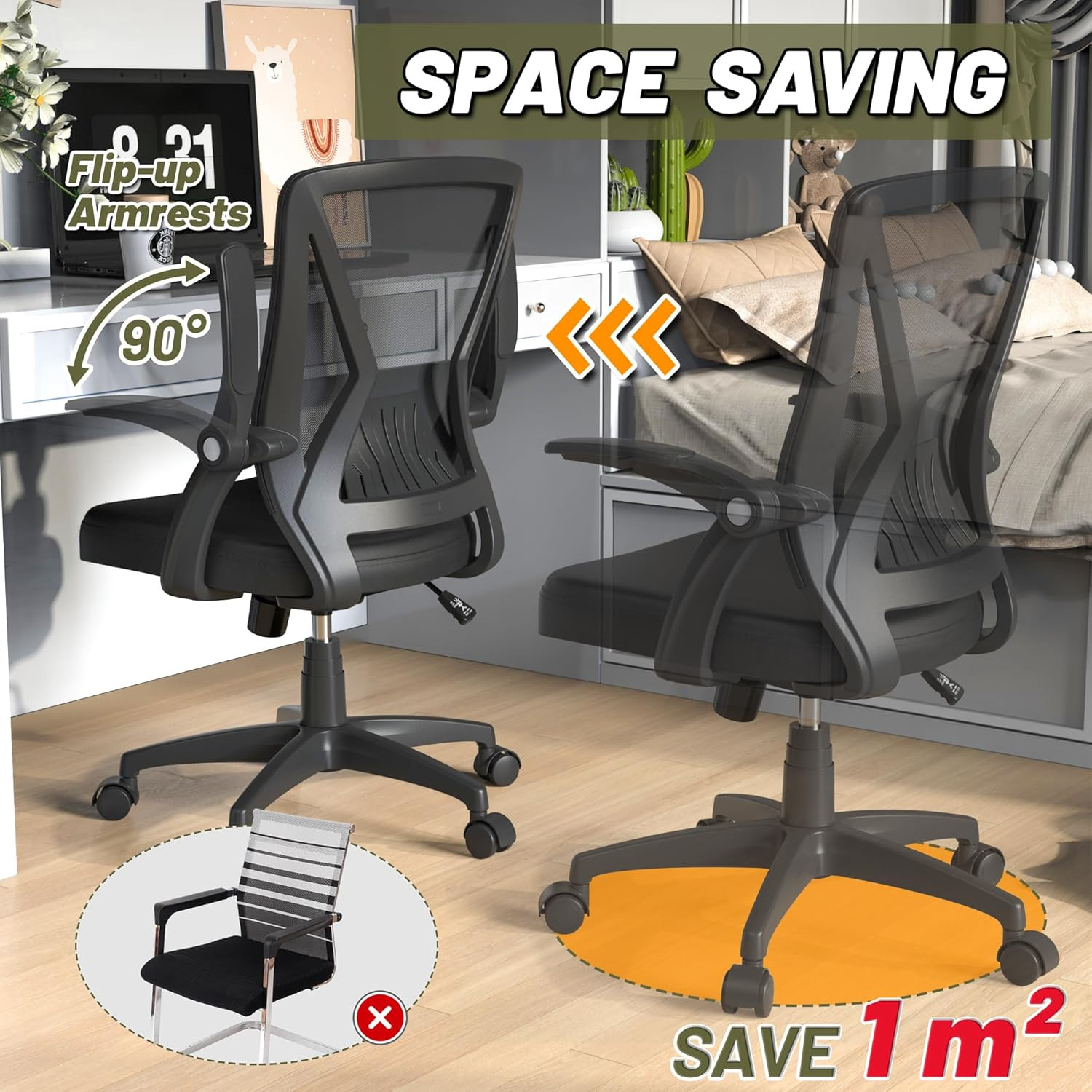 Ergonomic Swivel Mid Back Mesh Office Desk Chair with Flip up Arms Height Adjust