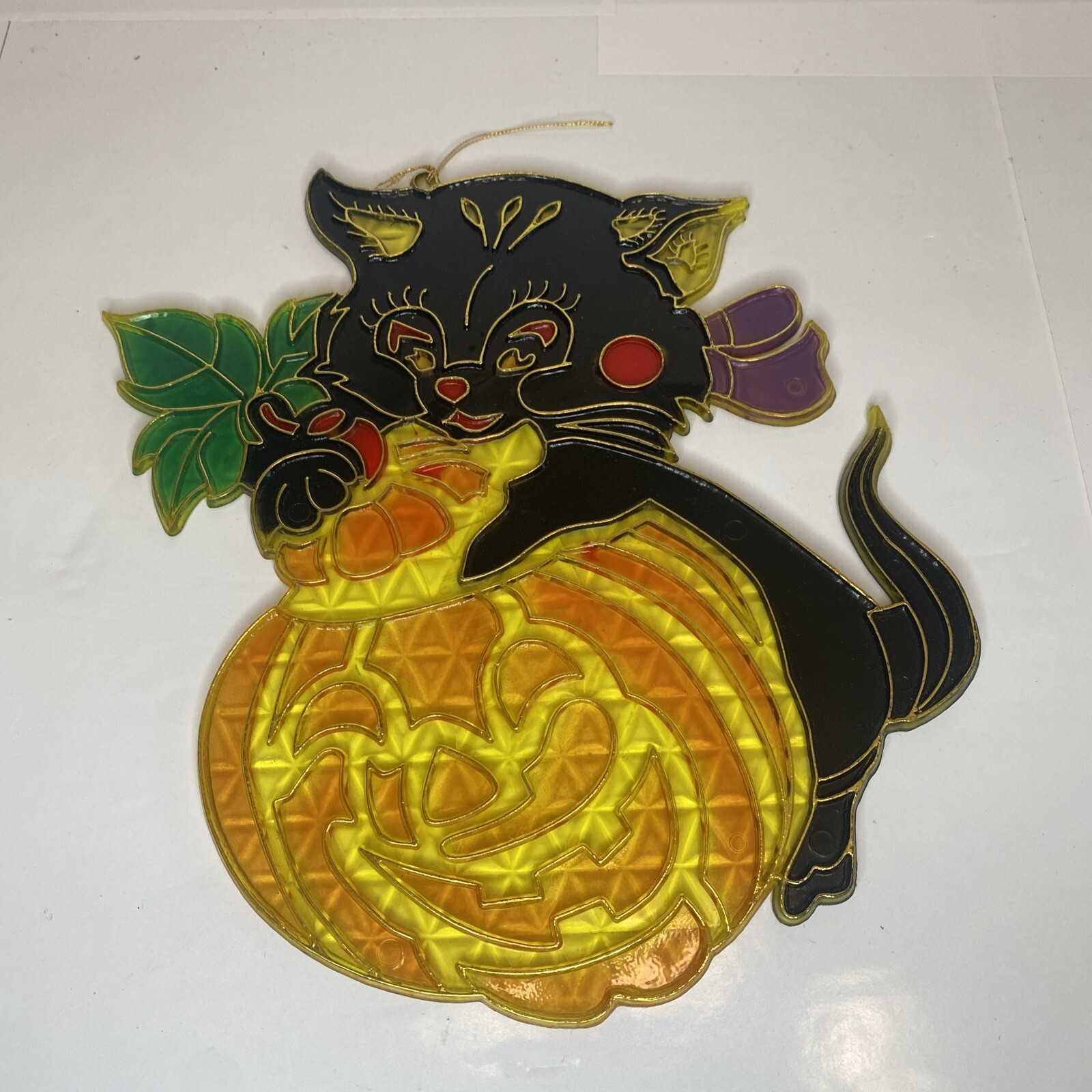 Vintage Halloween Suncatcher Black Cat Pumpkin Plastic 🎃
