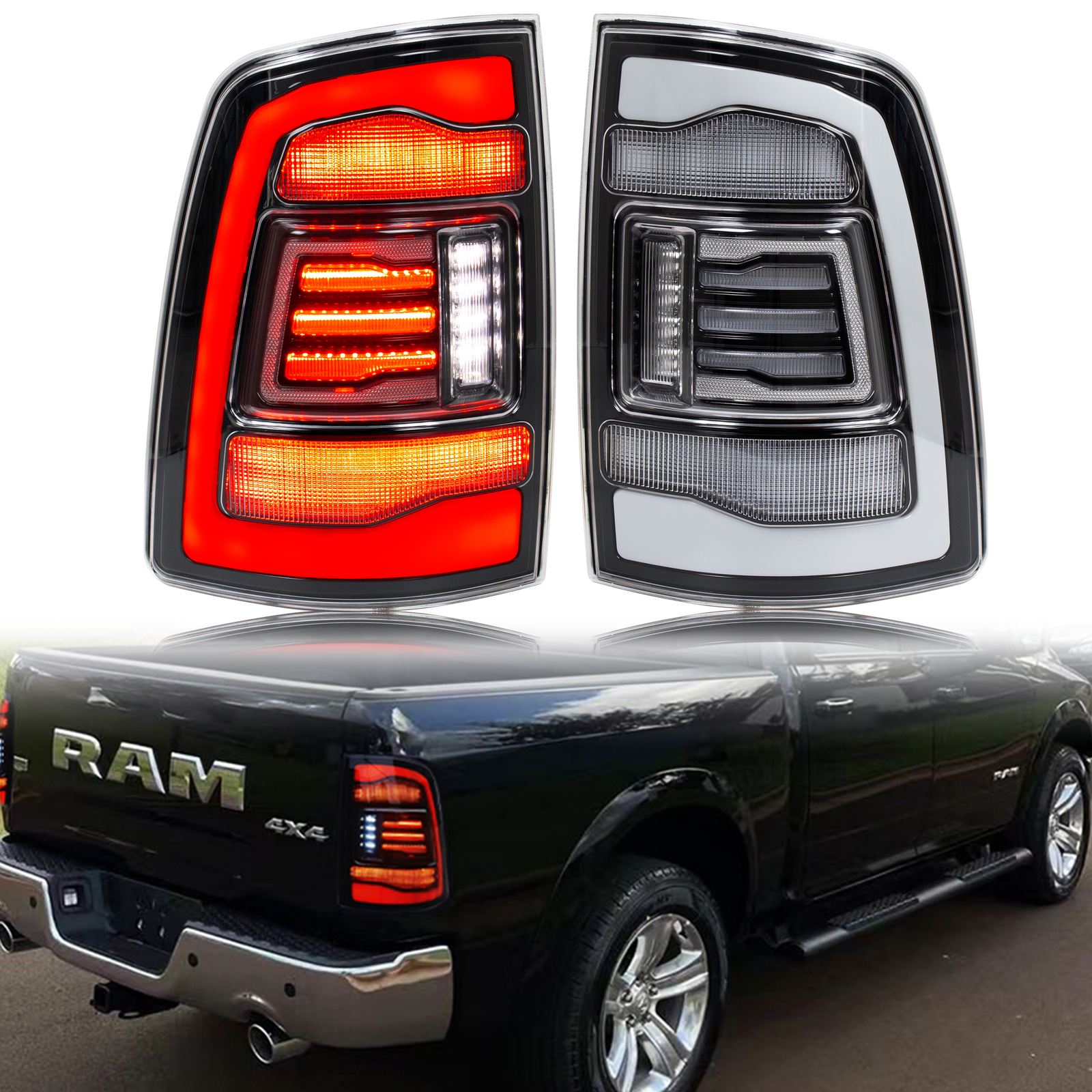 LED Clear Tail Lights for Dodge Ram 2009-2018 4th Gen Sequential Rear Lamps