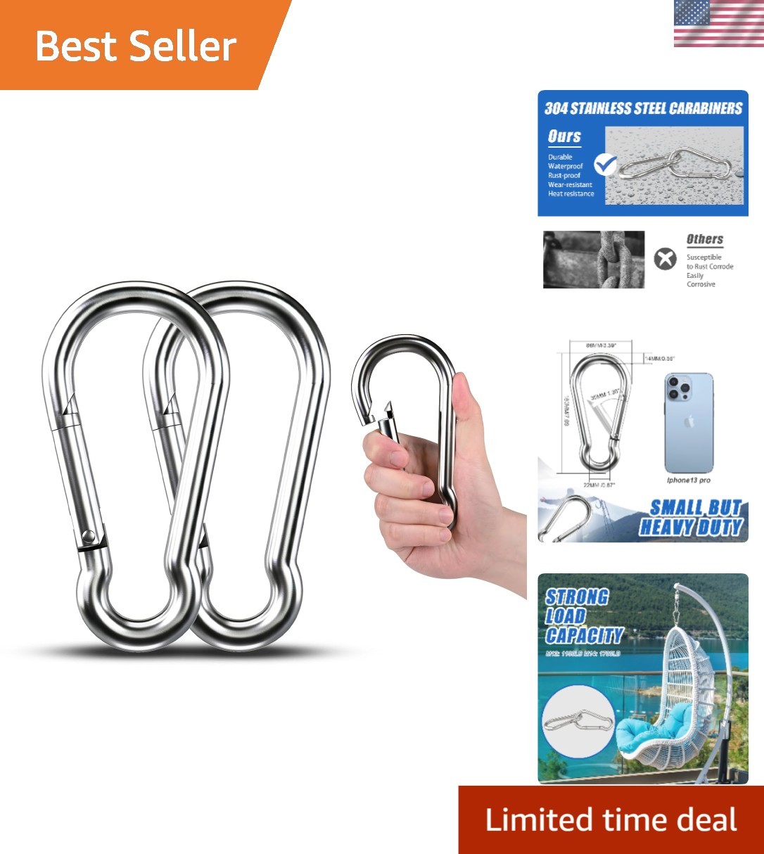 2pcs 7-Inch Heavy Duty Carabiners -  Stainless Steel for Camping & Hiking
