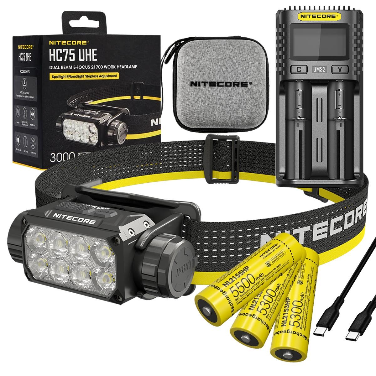 Nitecore HC75 UHE E-Focus Spotlight Headlamp w/ 2x XTRA Battery and UMS2 Charger