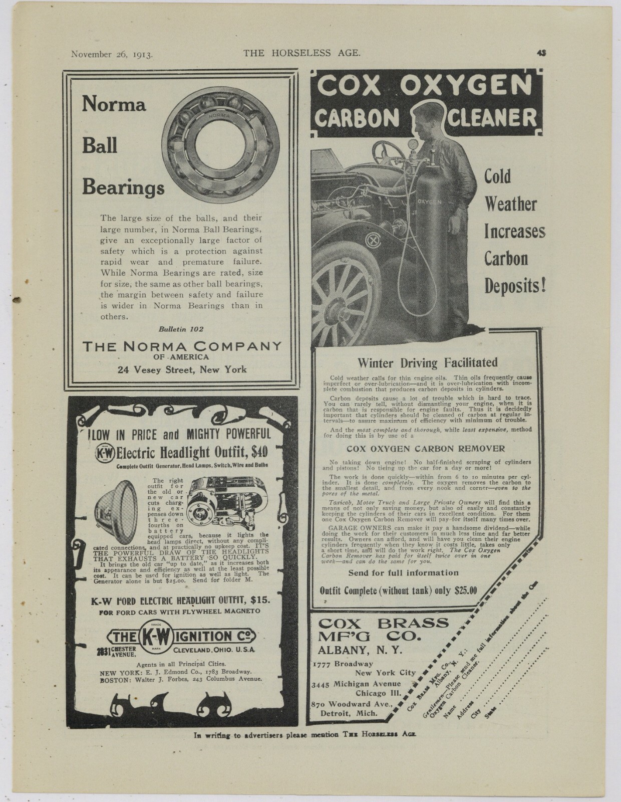 1913 Cox Brass Mfg. Co. Ad: Oxygen Carbon Cleaner - Albany, New York