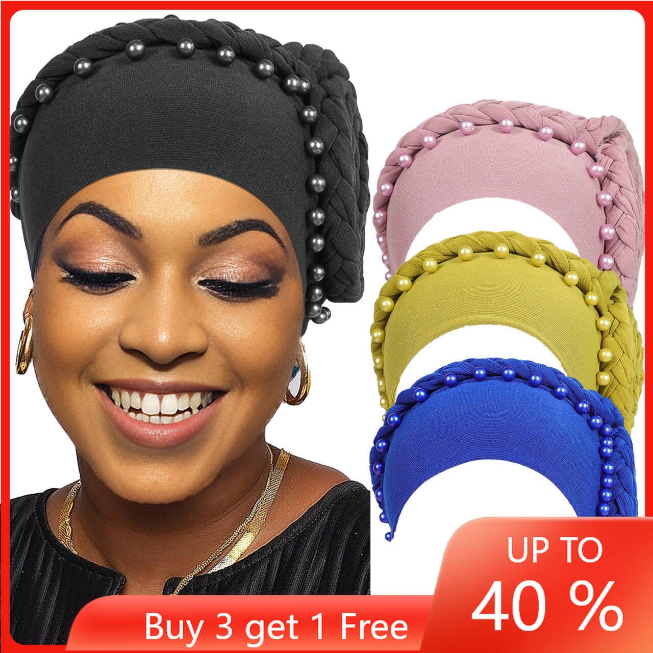Muslim Women Fashion Flower Braid Beads Beanies Hijab Hat Turban Head Wrap Cap