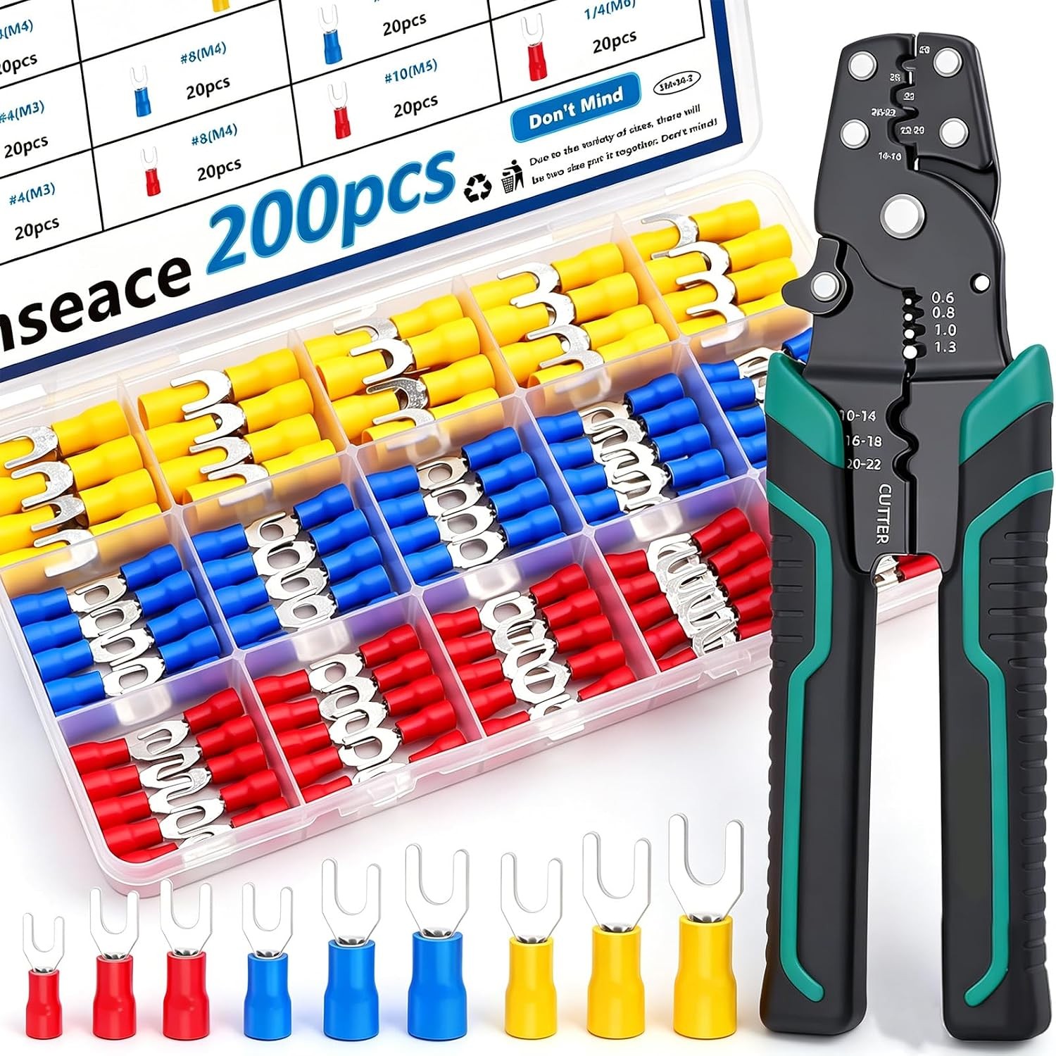 201pcs Crimping Tool with Fork Spade Connectors 12-Sizes(M3/M4/M5/M6) 22-10AWG W