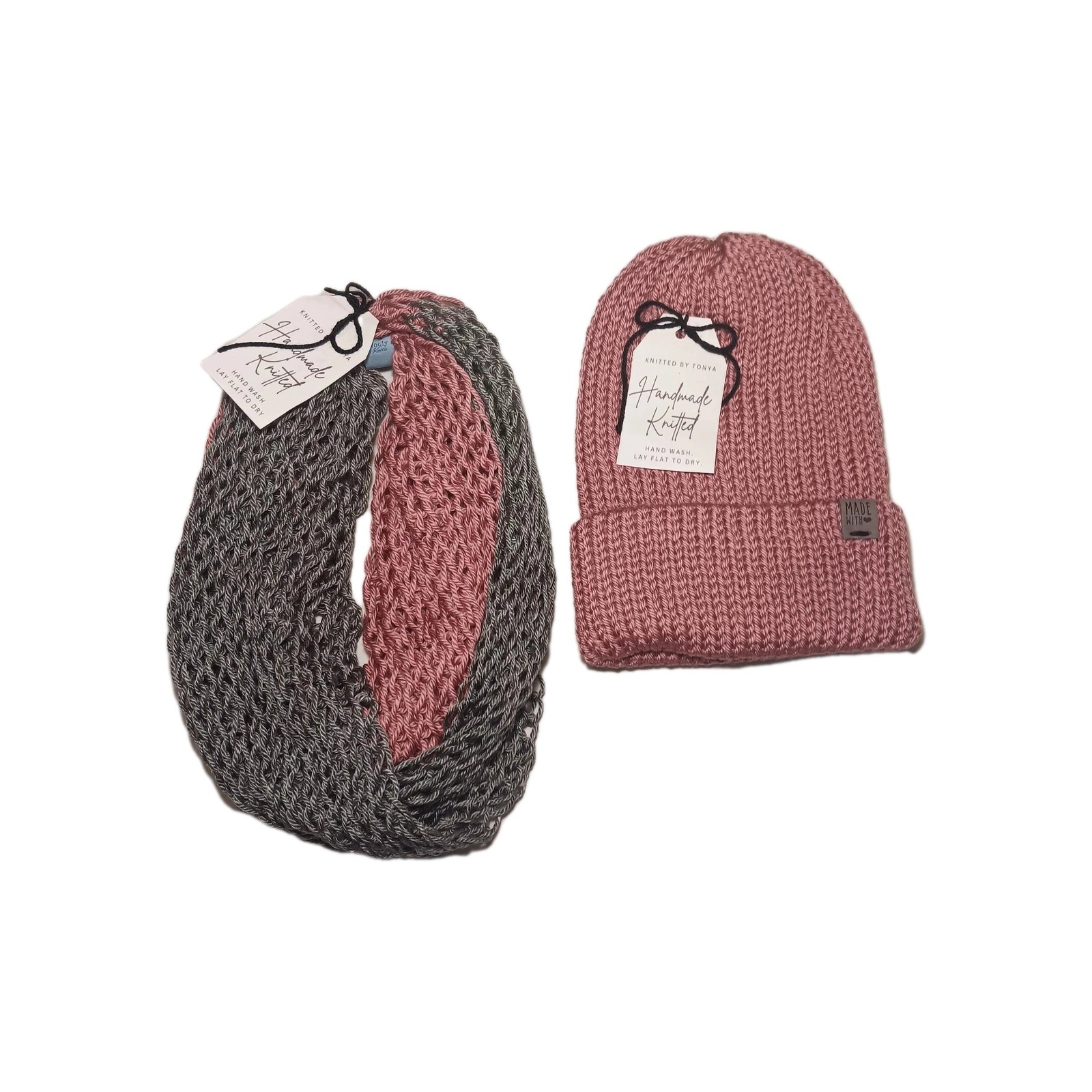 Handmade Knitted Hat And Drop Stitch  Scarf  Plum Wine And Gray One Size Womens