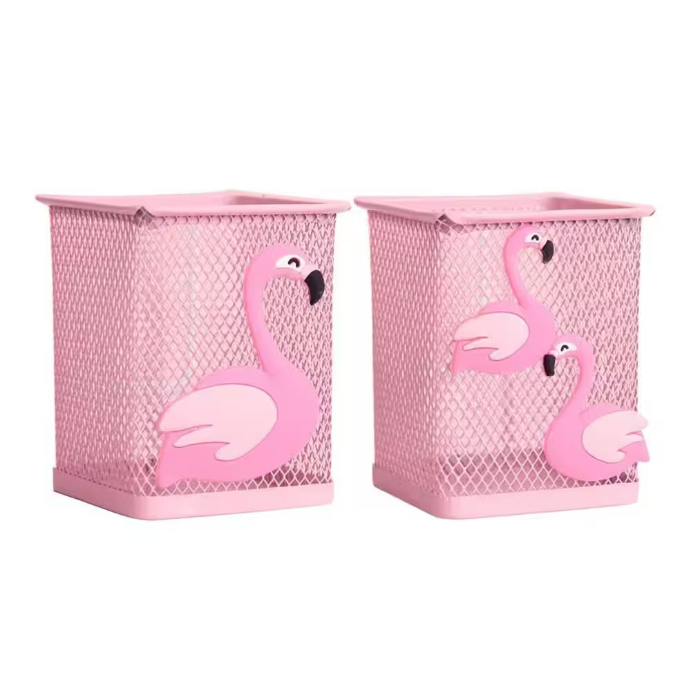 2-Pack Metal Square Pen Pencil Holder Cartoon Pink Flamingo Unicorn Desk Organiz