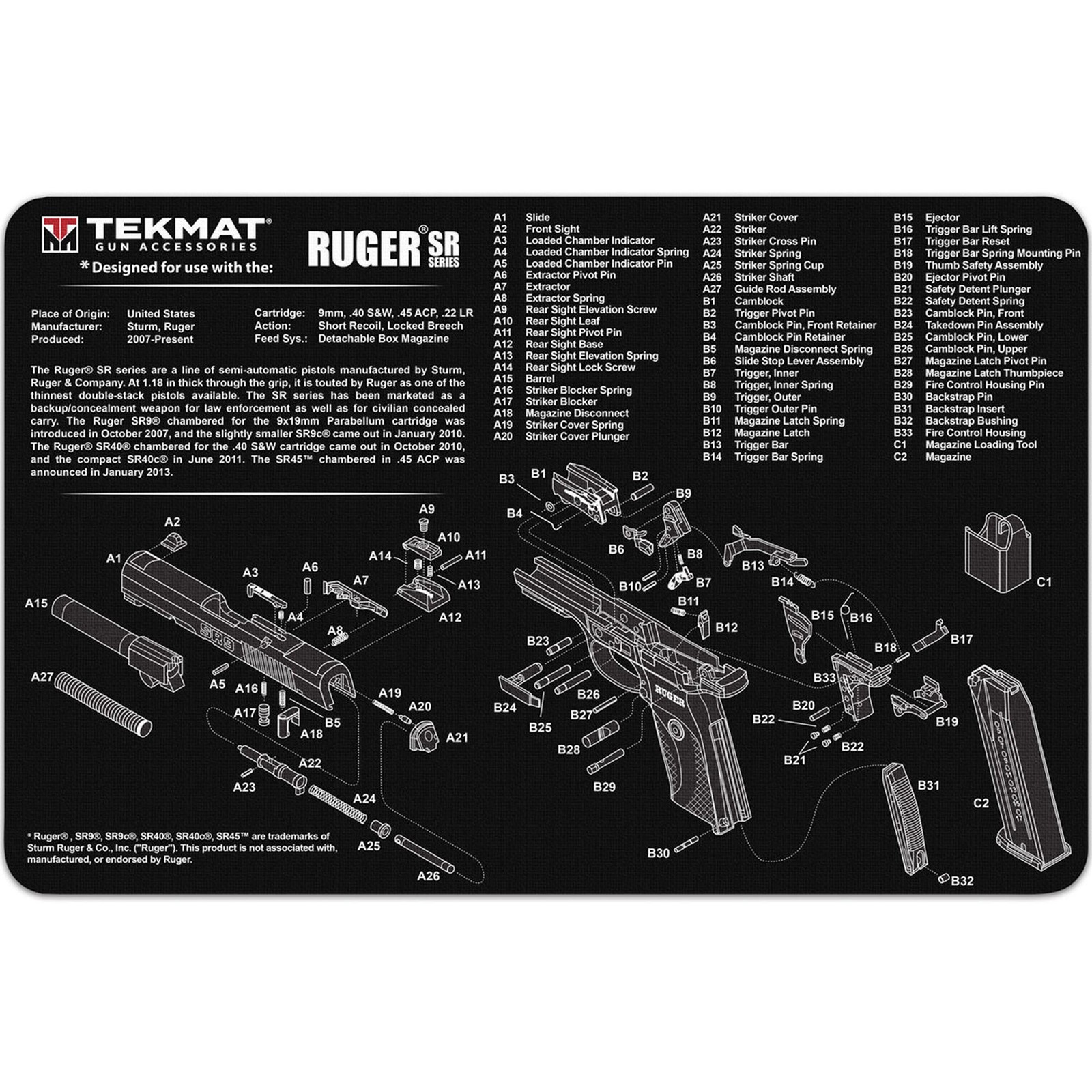 TekMat Original Gun Cleaning Mat - 17" X 11" - Ruger SR9 & SR40