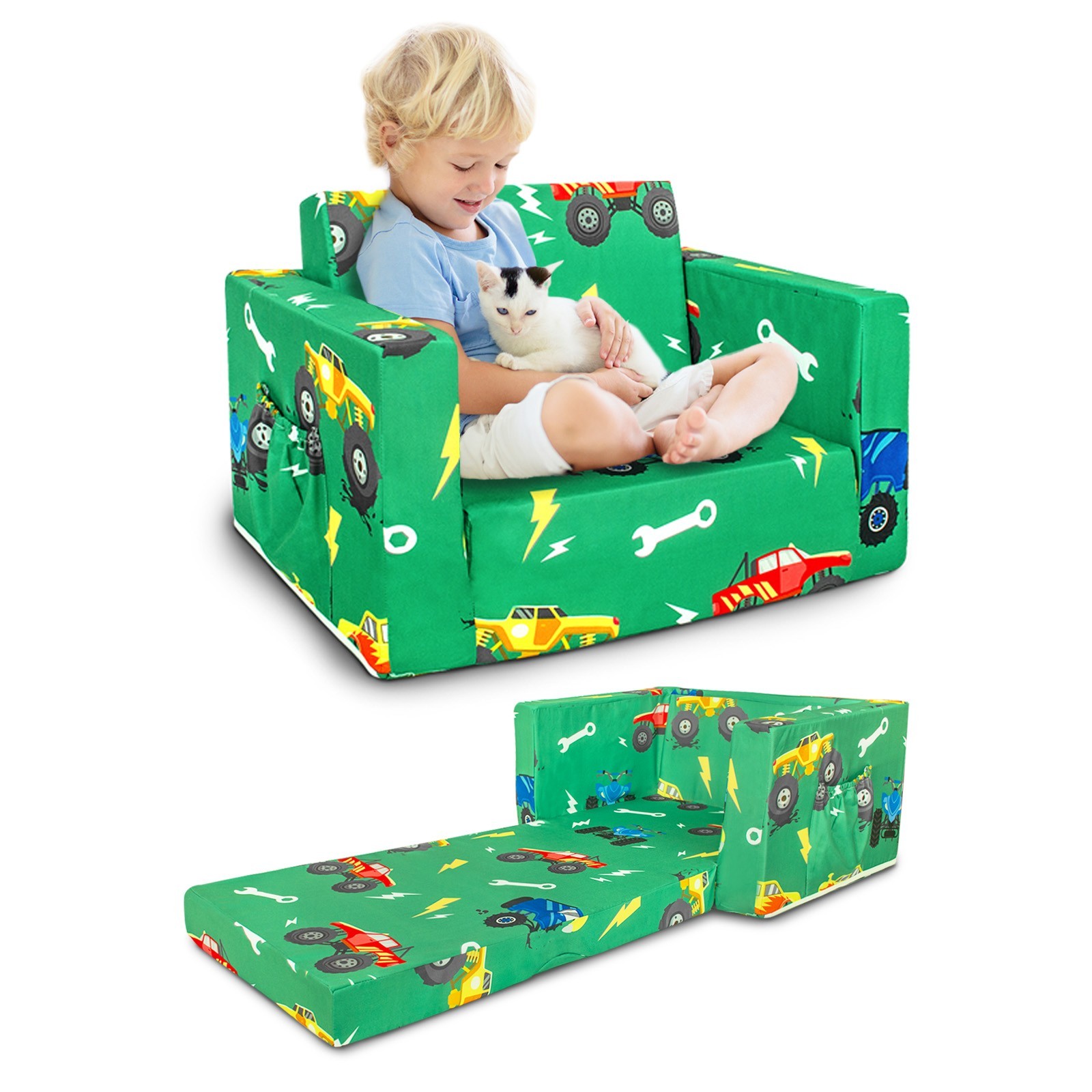 Zenkitch Toddler Sofa, 2-in-1 Cars Flip Open Toddler Couch, with Side Pocket