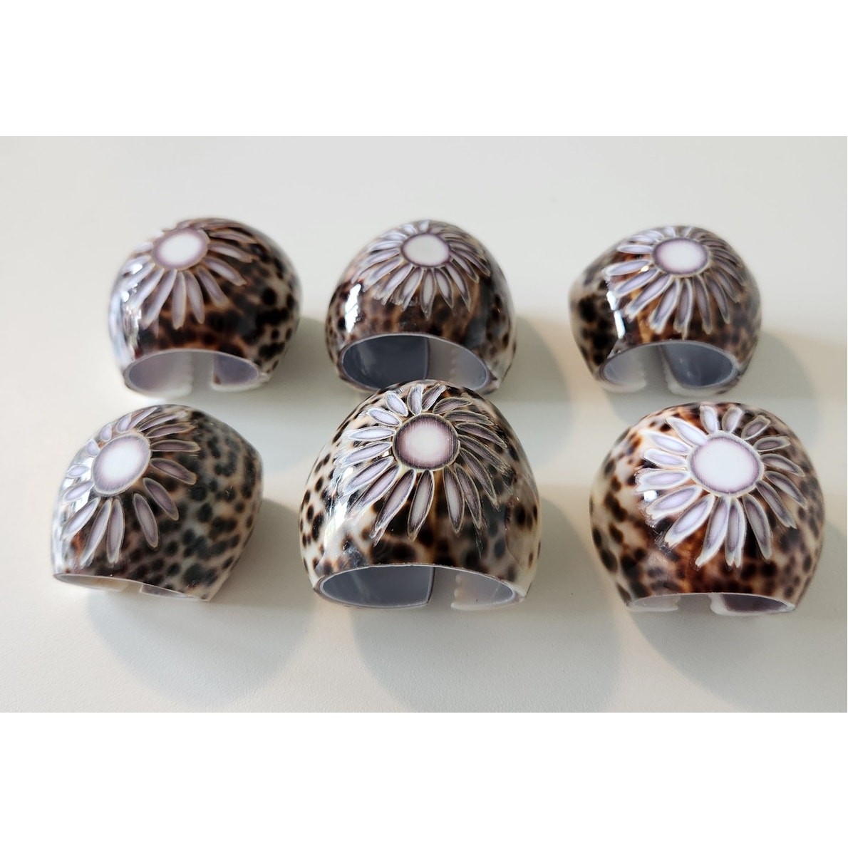 Tiger Cowrie Shell Napkin Ring Holders set of 6 Engraved Sunburst Design Beach