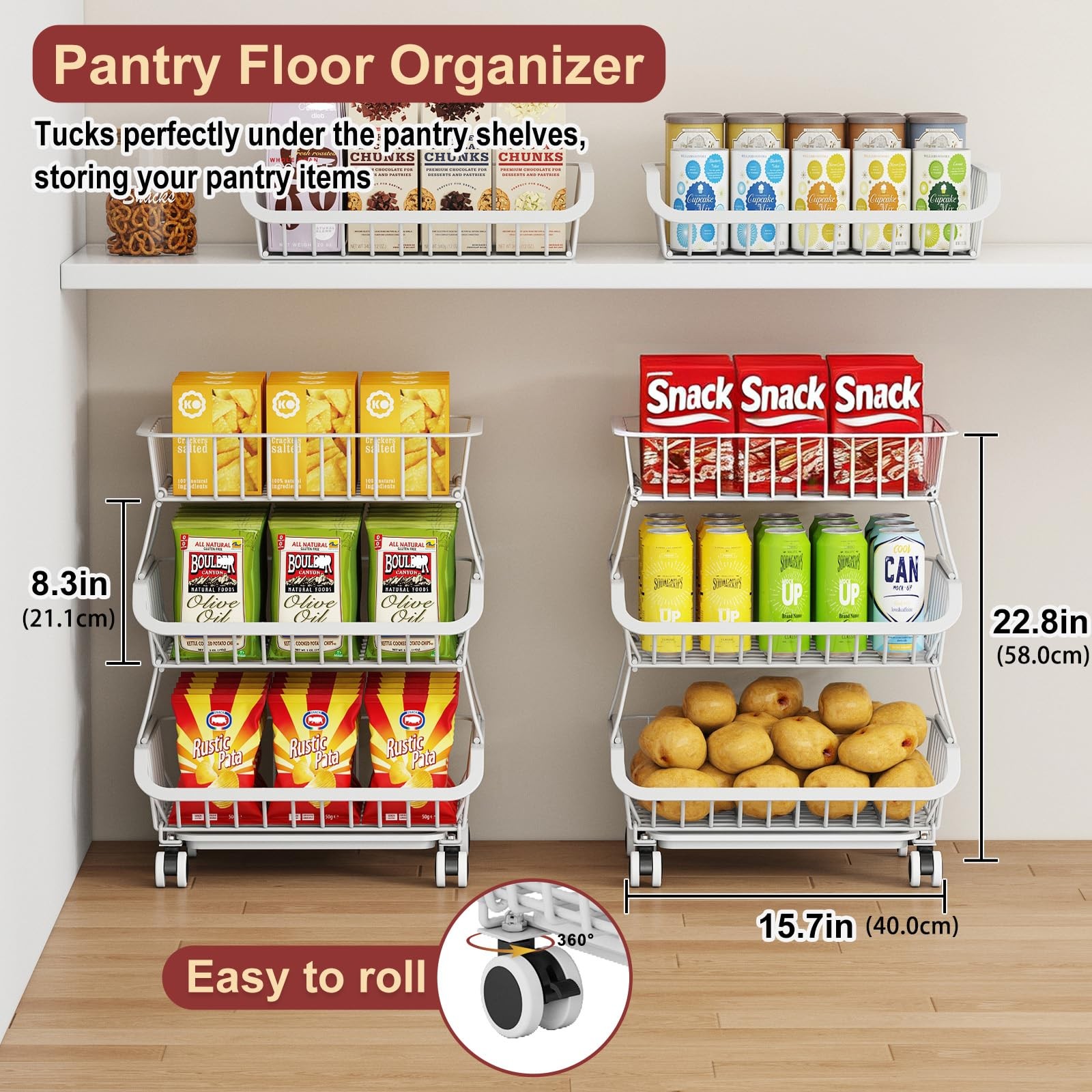 3Tier Rolling Pantry Cart w/Wheels Stackable Wire Storage Organizer White