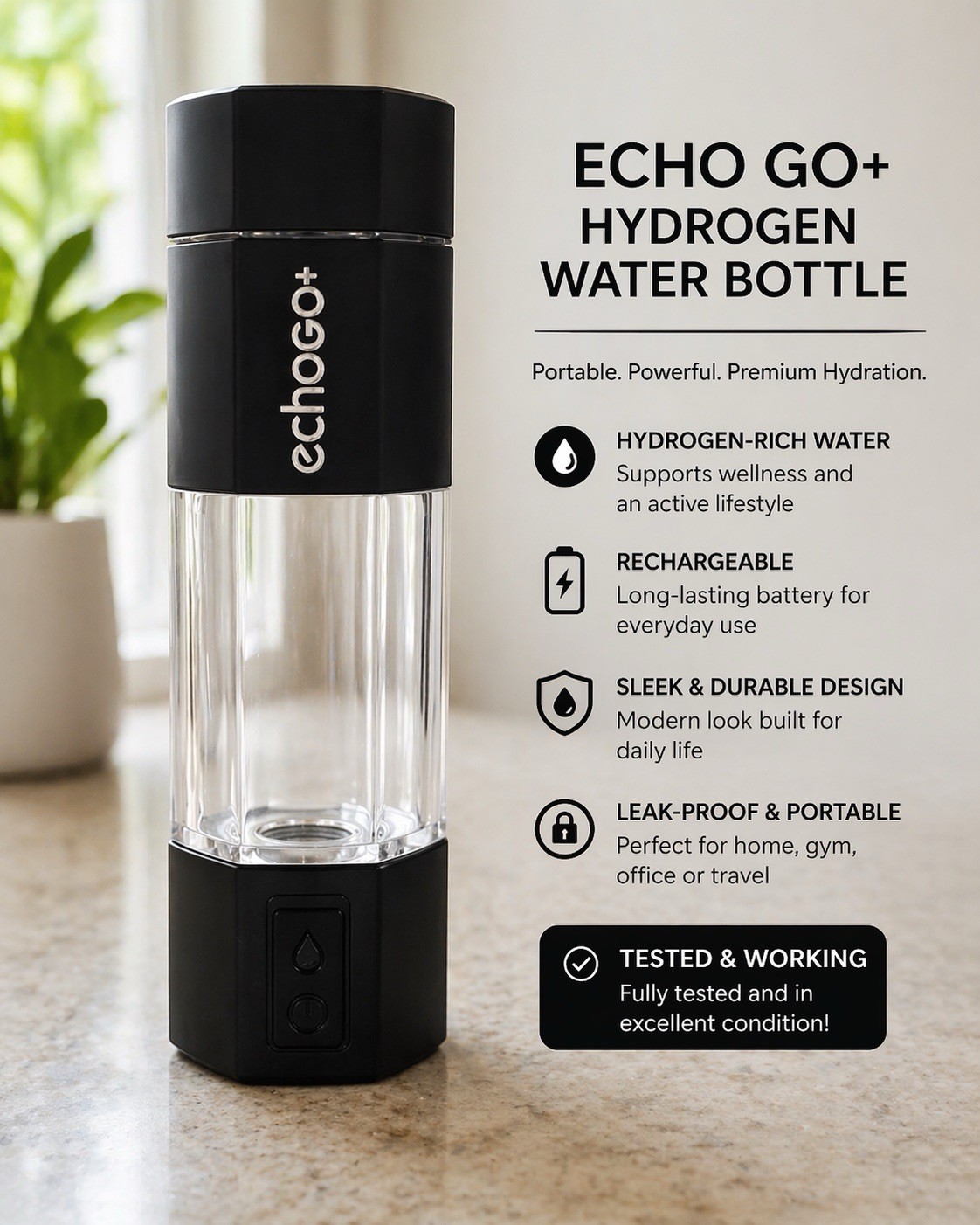 Echo Go+  Hydrogen Water Bottle Infusion Technology | Rechargeable - Black used
