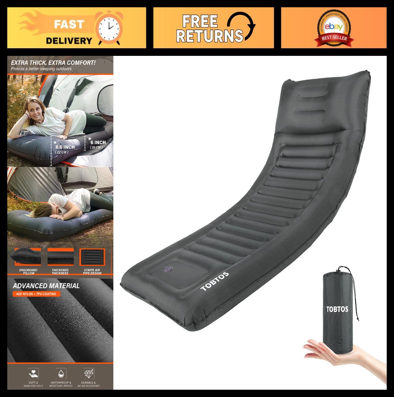 Ultralight Inflatable Camping Sleeping Pad with Pillow - 6" Thick, Built-in Pump