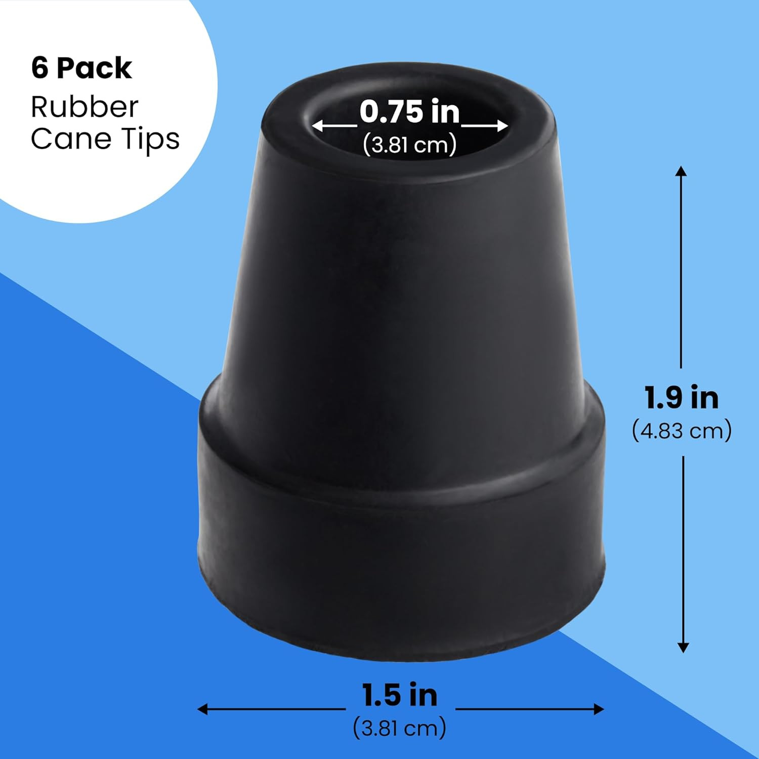 6 Pack Replacement Rubber Cane Tips for Canes, Walking Sticks, Walkers (Black, 3