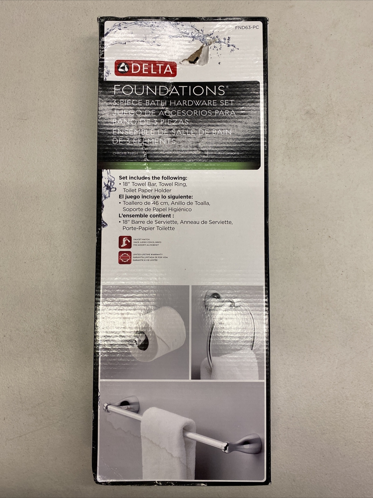 NEW Delta Foundations 3-Piece Bath Hardware Set in Chrome with Towel Ring Toilet