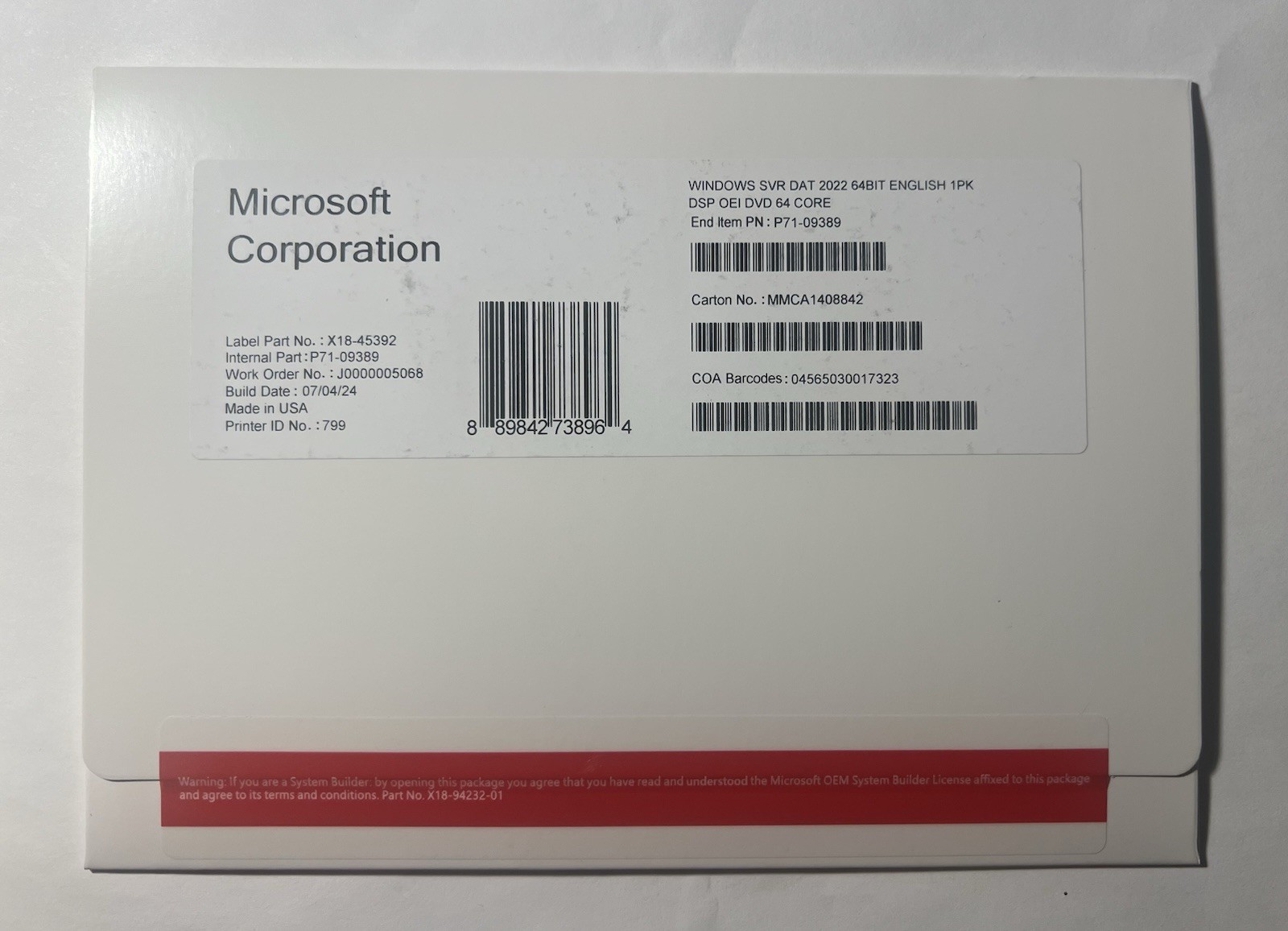 Microsoft Windows Server 2022 Datacenter 64 Core DVD