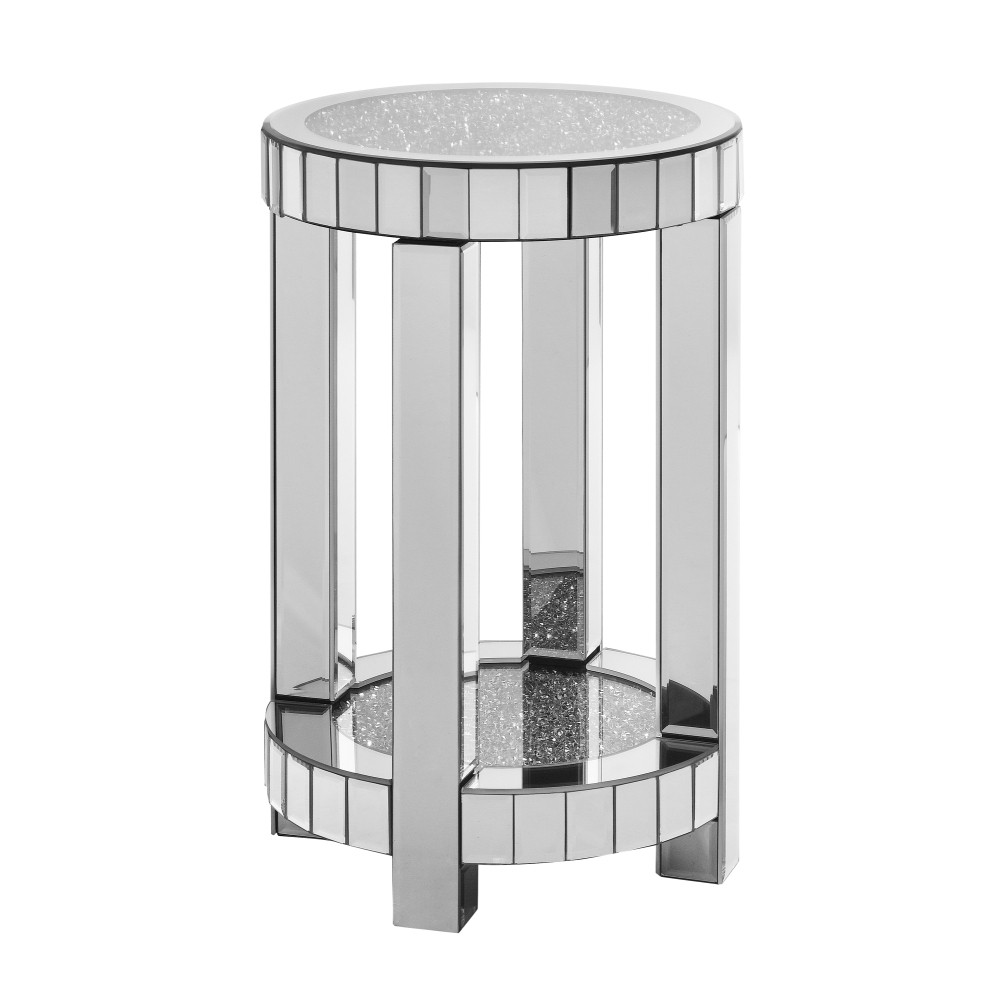 Mirrored Round End Table w/ Crystal Inlay, 2-Tier Coffee Table Silver