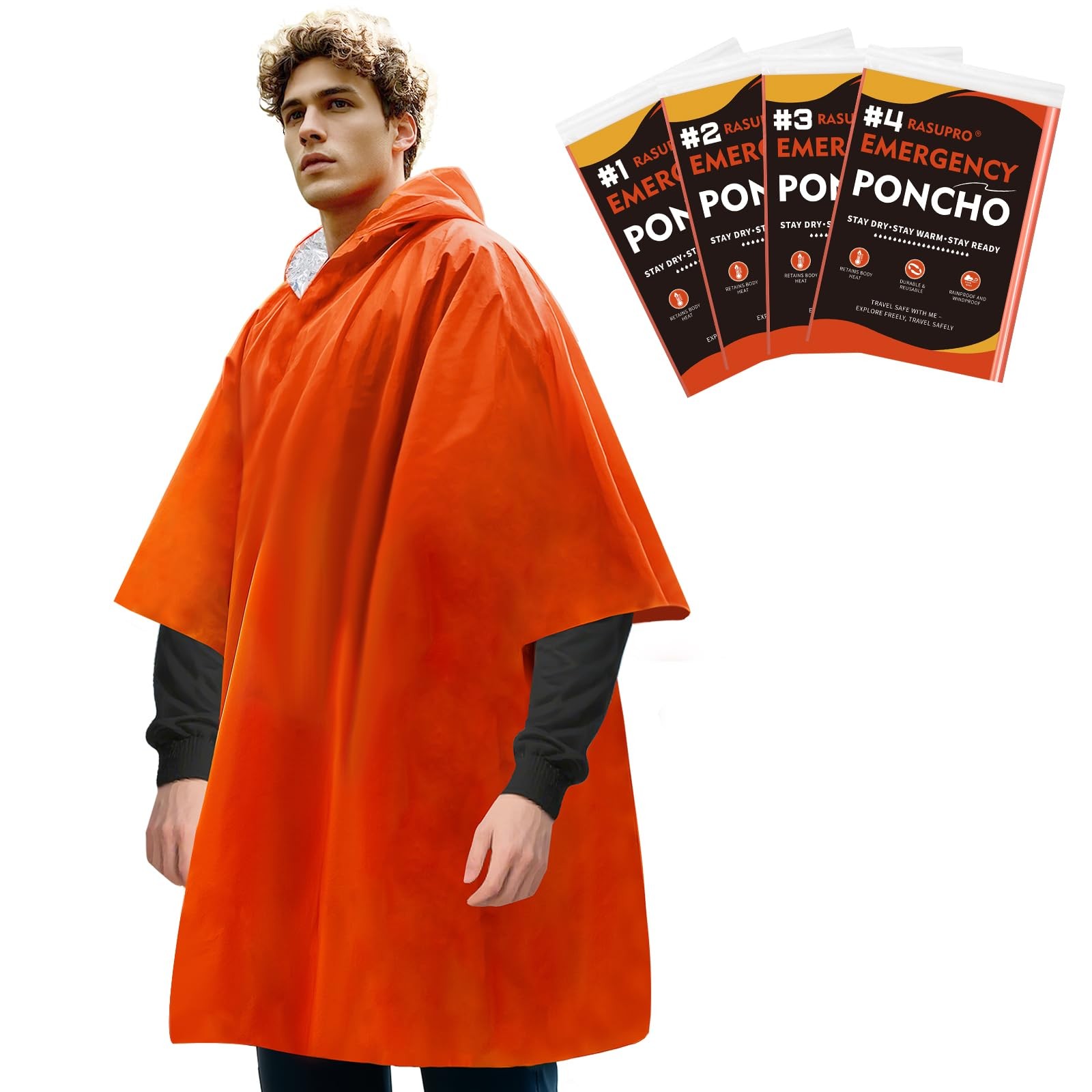 4 Pack Emergency Ponchos with Thickened Mylar Blanket Lining, Windproof, Wate...