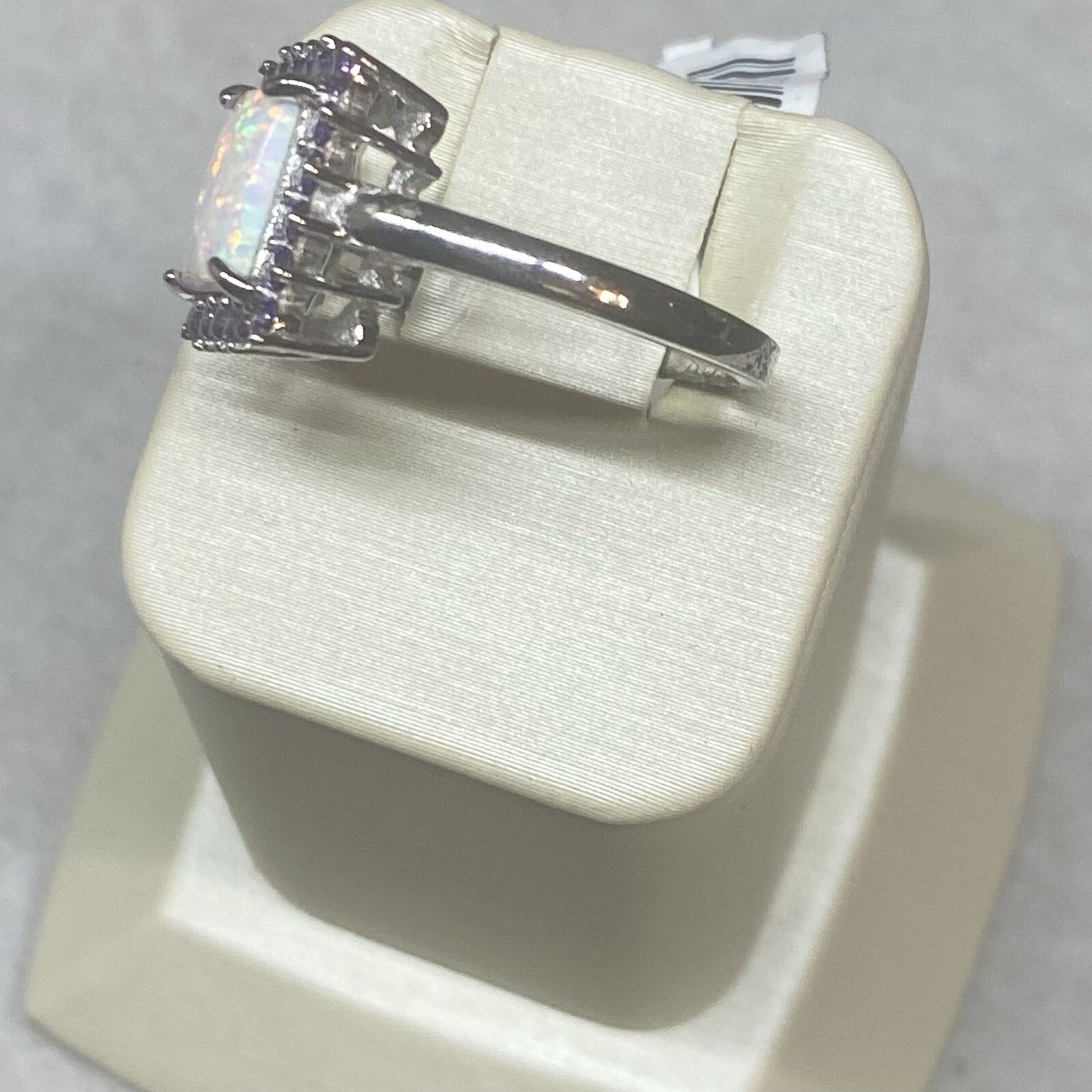 Sterling Silver Created Opal And Amethyst CZ Ring Rhodium Plated