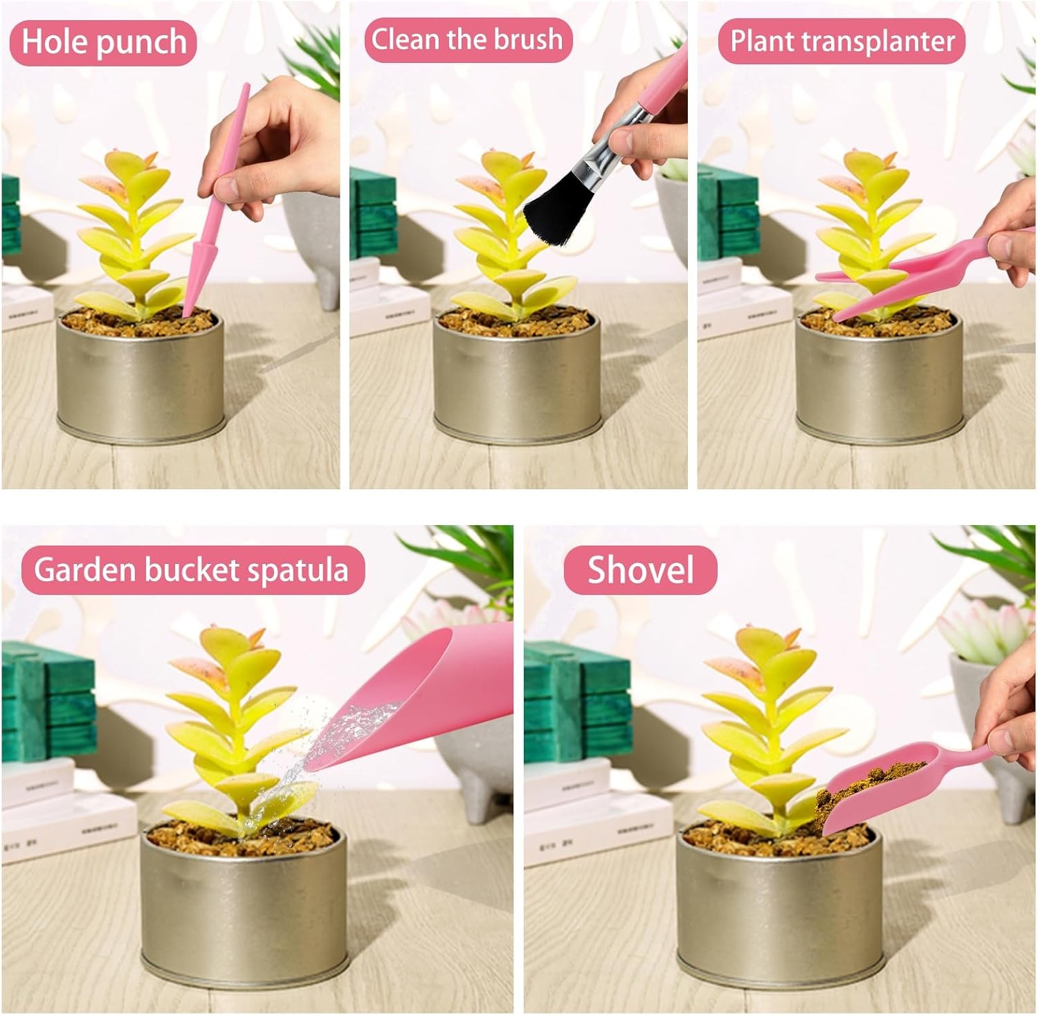 Mini Succulent Tools, 5Pc Planting Tools Kit for Indoor Black/Pink