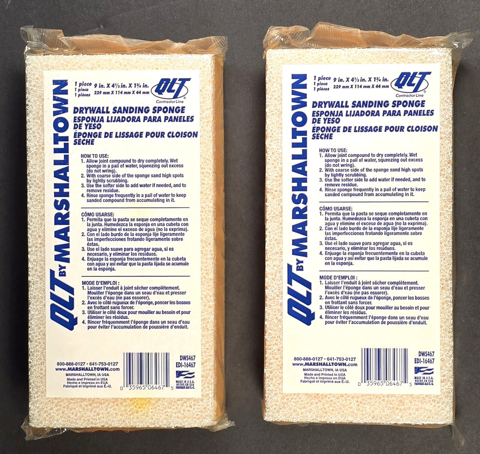 Lot Of 2 QLT By Marshalltown Drywall Sanding Sponges 9" x 4.5" x 1.75" DWS467