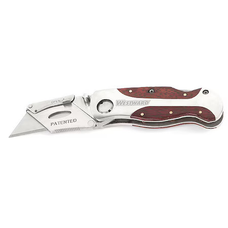 Westward 1Yjd8 Folding Retractable Clip-Point Utility Knife, Silver/Wood Grain