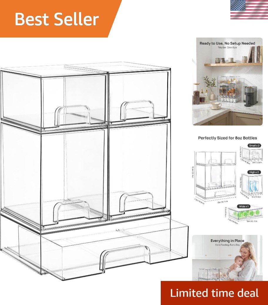 Stackable Storage Drawers Set of 5, Clear Plastic Organizer Bins for Baby Bot...
