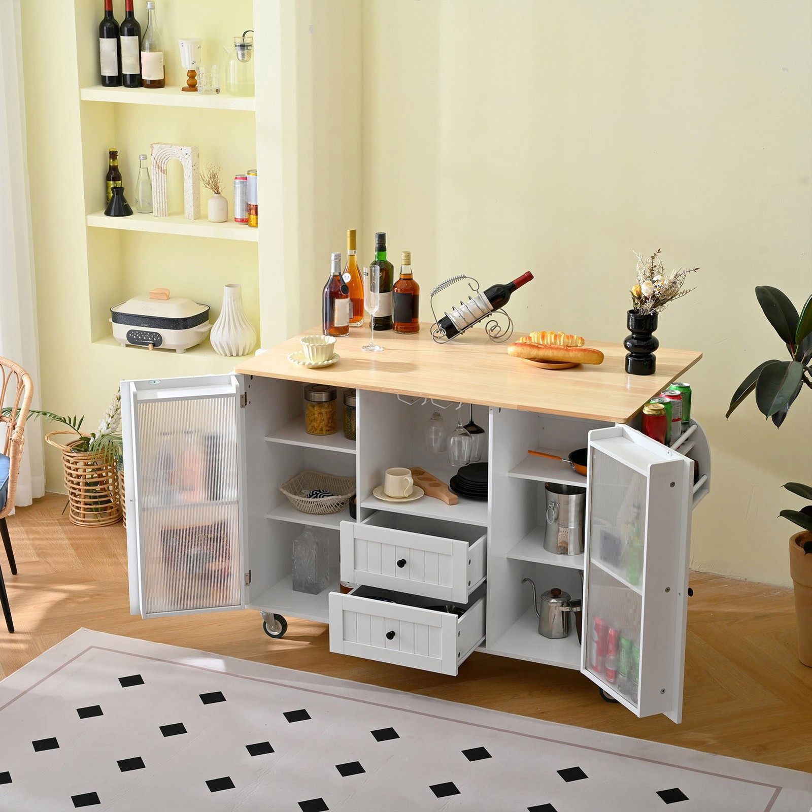 Kitchen Island Cart Rolling On Wheels with 13 Storage Areas Drop Leaf Bar