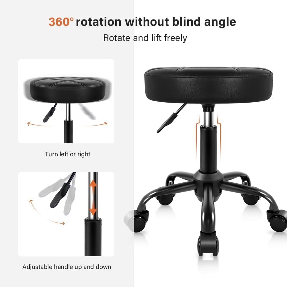 Rolling Stool Chair PU Leather Height Adjustable Round Stool W/ Wheels Chair
