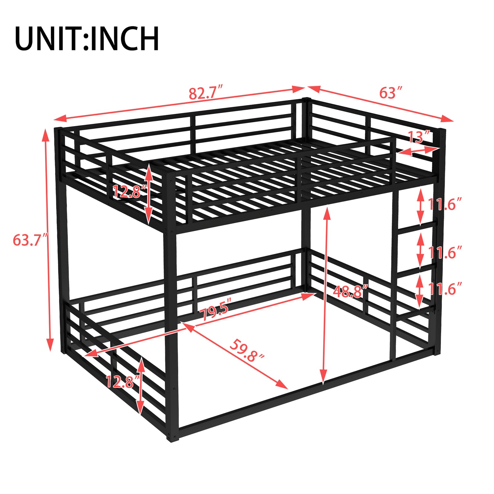Metal Queen Over Queen Bunk Bed, Black, Space Saving, Noise Reduced