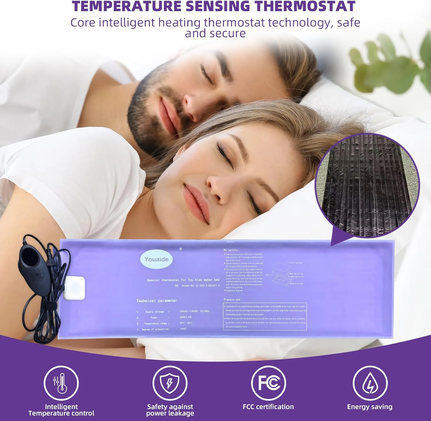 Waterbed Smart Thermostat, 200W Adjustable Softside Hardside Water Bed Heater, L