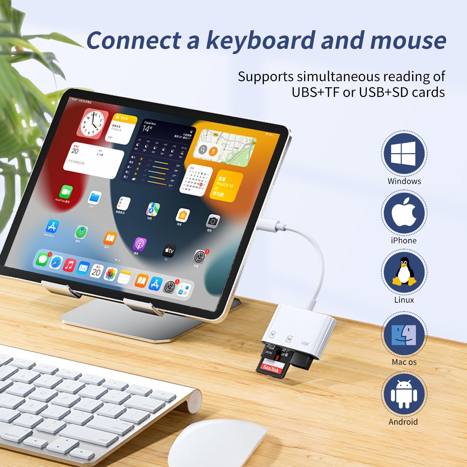 SD Card Reader,Micro Reader for Three Slots(SD+TF+CF USBC), white